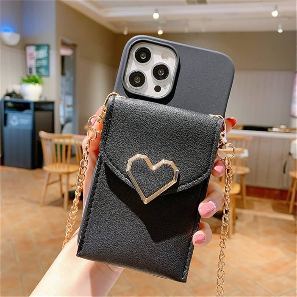 iPhone 12 Pro Max Crossbody Lanyards Chain Love Heart Wallet Card Case, Black